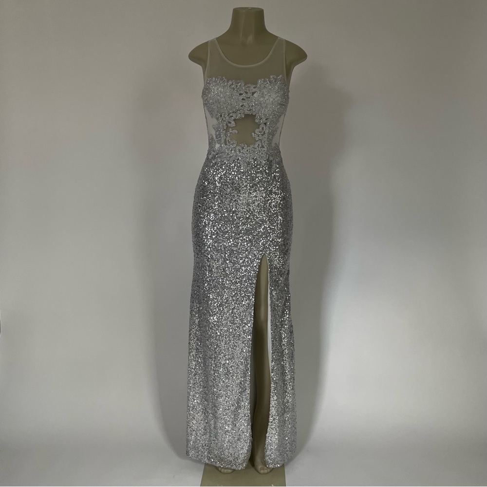 Elegant Silver Sequin Evening Gown